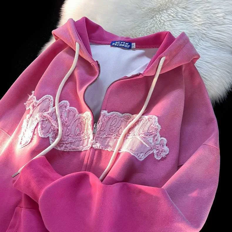 

Y2k Свободная Толстовка в стиле пэчворк со скелетом на молнии с капюшоном Goth Grunge с длинным рукавом куртка с капюшоном в стиле ретро розовый св...