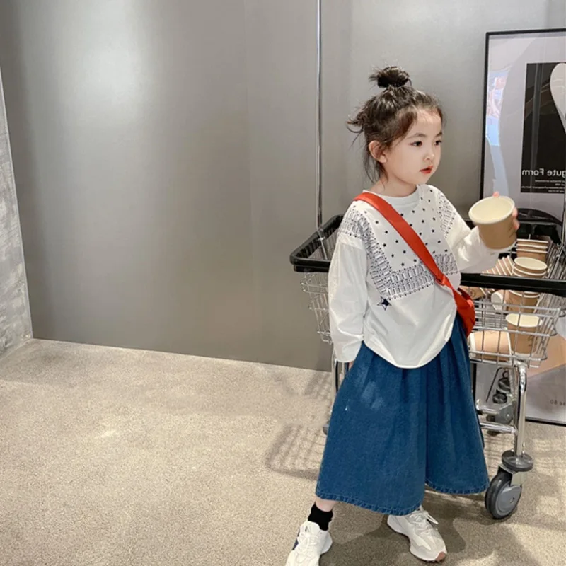 

Girls Suit Cotton Star Loose Long-sleeved Top with Denim Wide-leg Pants Two Pieces Sets 2022 Spring New Children's Casual Cloth