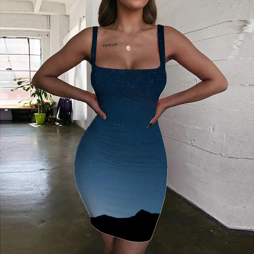 

KYKU Brand Night Sky Dress Women Starry Sky Vestido Sexy Night Bodycon Dress Mountain 3d Print Womens Clothing Party Beach
