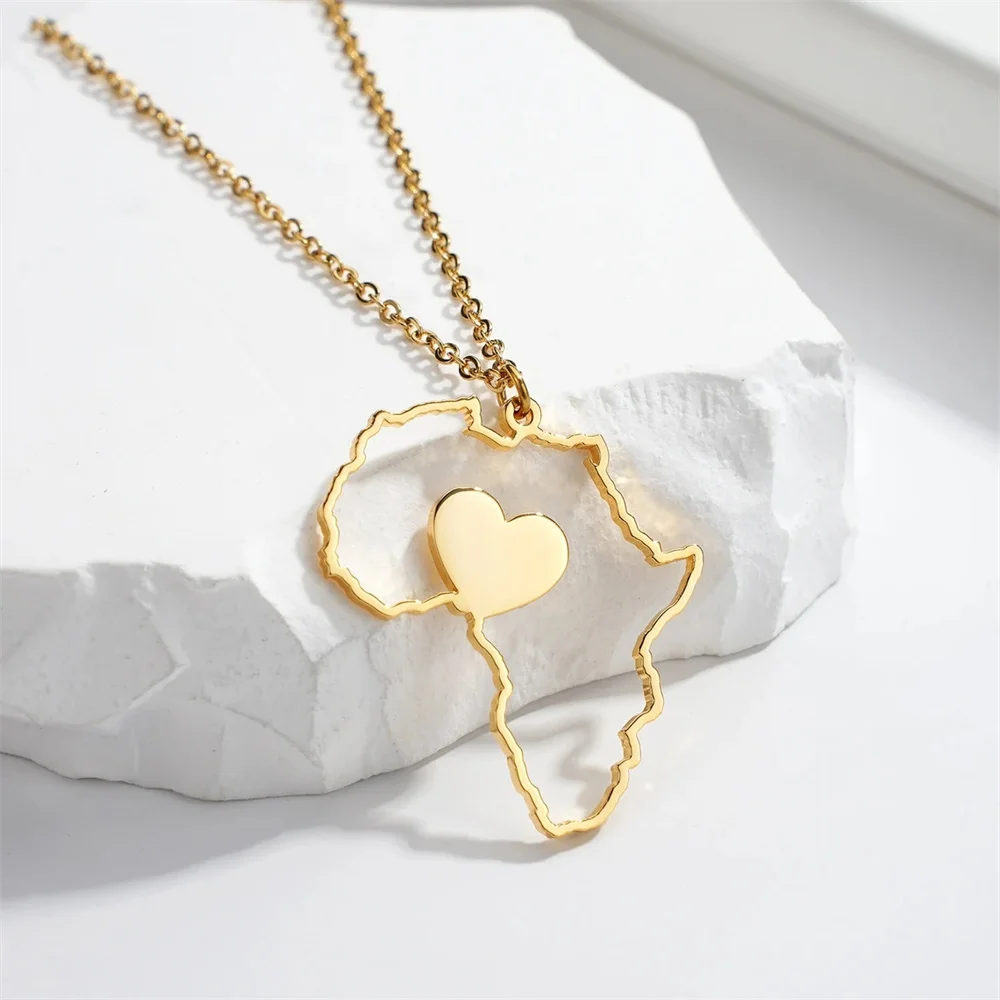 

Stainless Steel African Map with Heart Necklace for Women Men Gold Color Charm Clavicle Chain Africa Jewelry Birthday Gifts