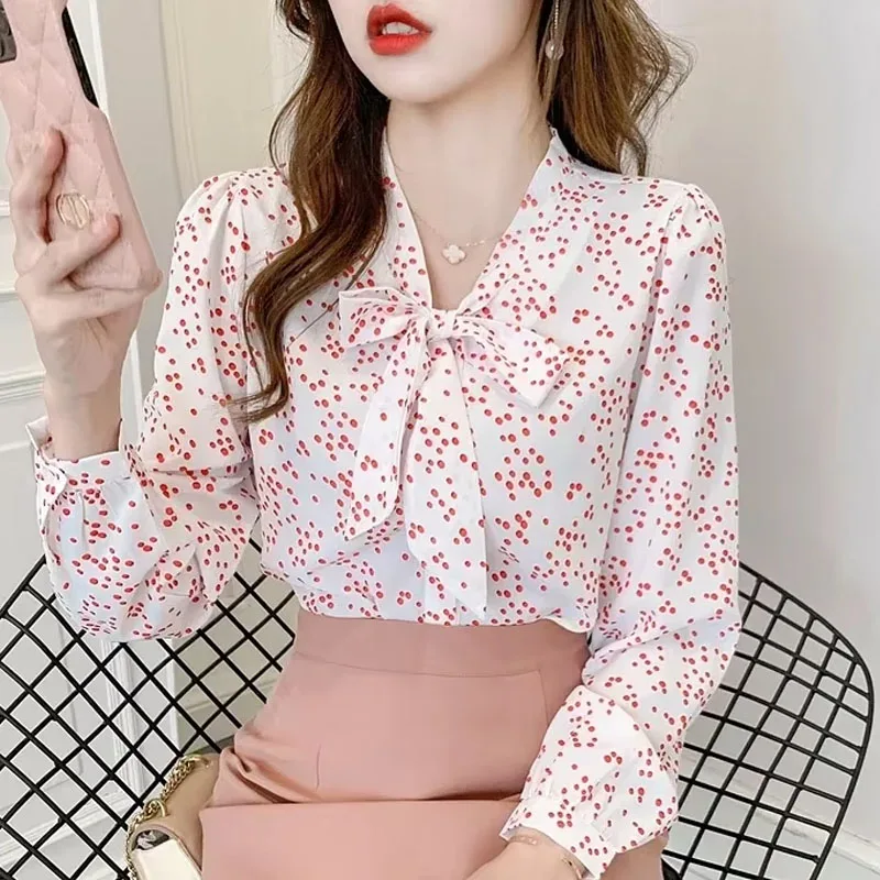 Новая женская рубашка с длинным рукавом модная шифоновая блузка в горошек бантом