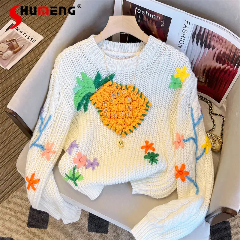 

Ladies Fashion Sweet Pineapple Embroidered Crew Neck Knitwear Top Women New Autumn Elegant Loose Slimming Pullover Sweater
