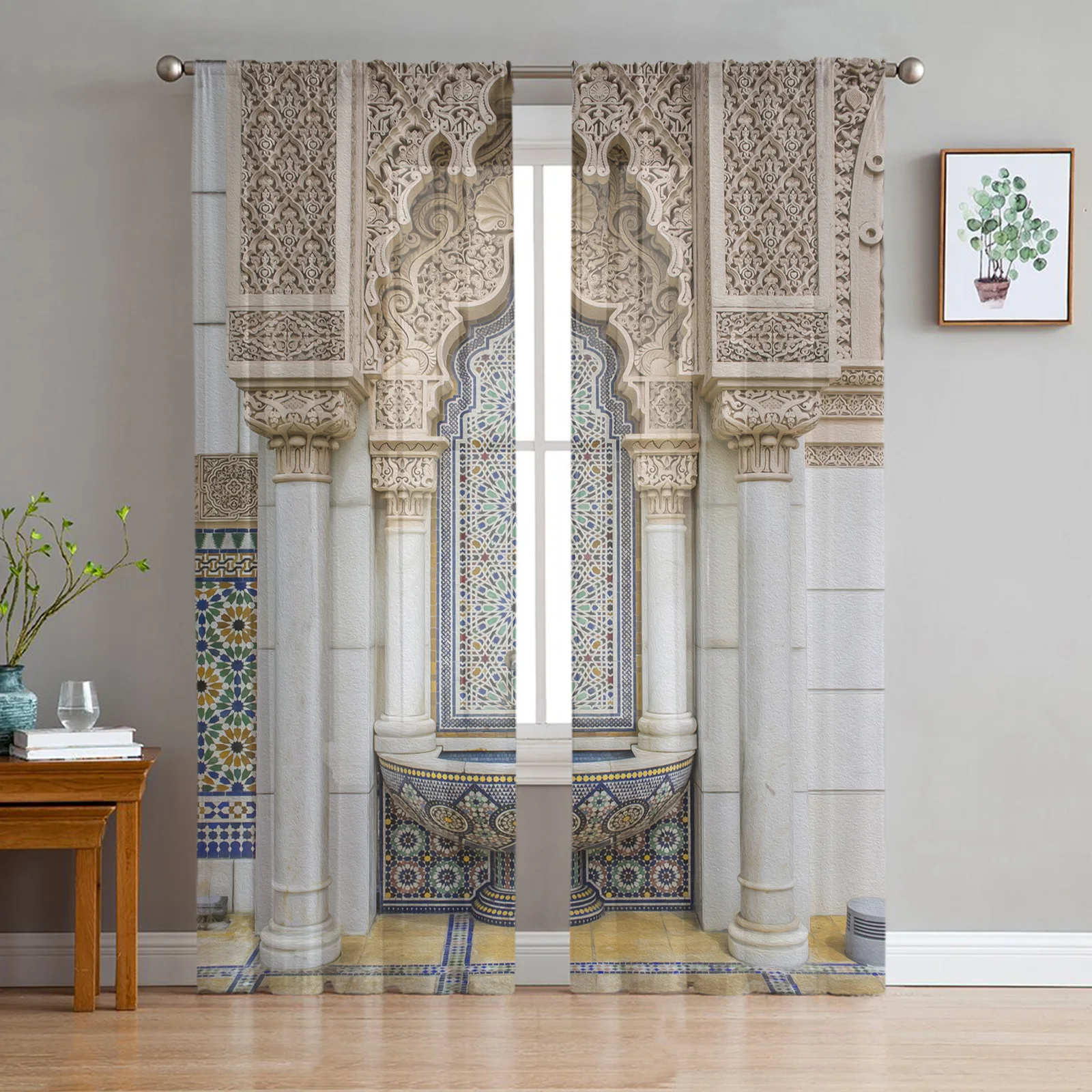 

Islam Building Morocco Sheer Curtain for Living Room Voile for Window Blinds Bedroom Tulle Drape Kitchen Cortinas Hall Curtains