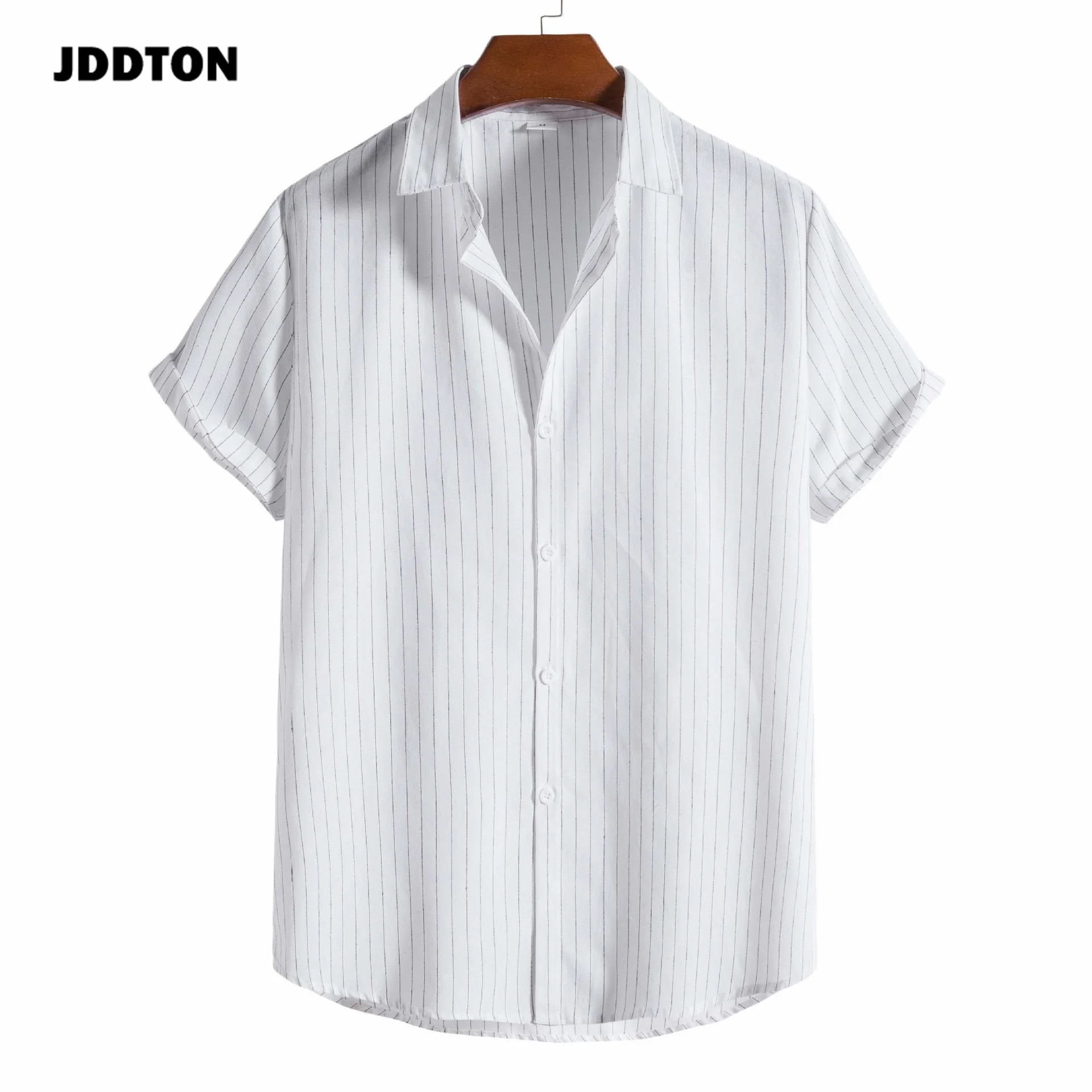

JDDTON Summer Men's Short Sleeve New Stripe Lapel Young Casual Button Simple Office Shirt Blouses Tops DC032