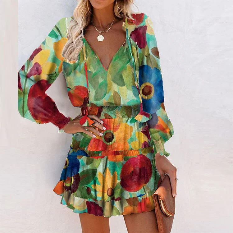 

2023 dress Spring And Summer New Short Dress Ladies Long-sleeved V-neck Print Trendy Fashion Slim Dress Summer Dresses For