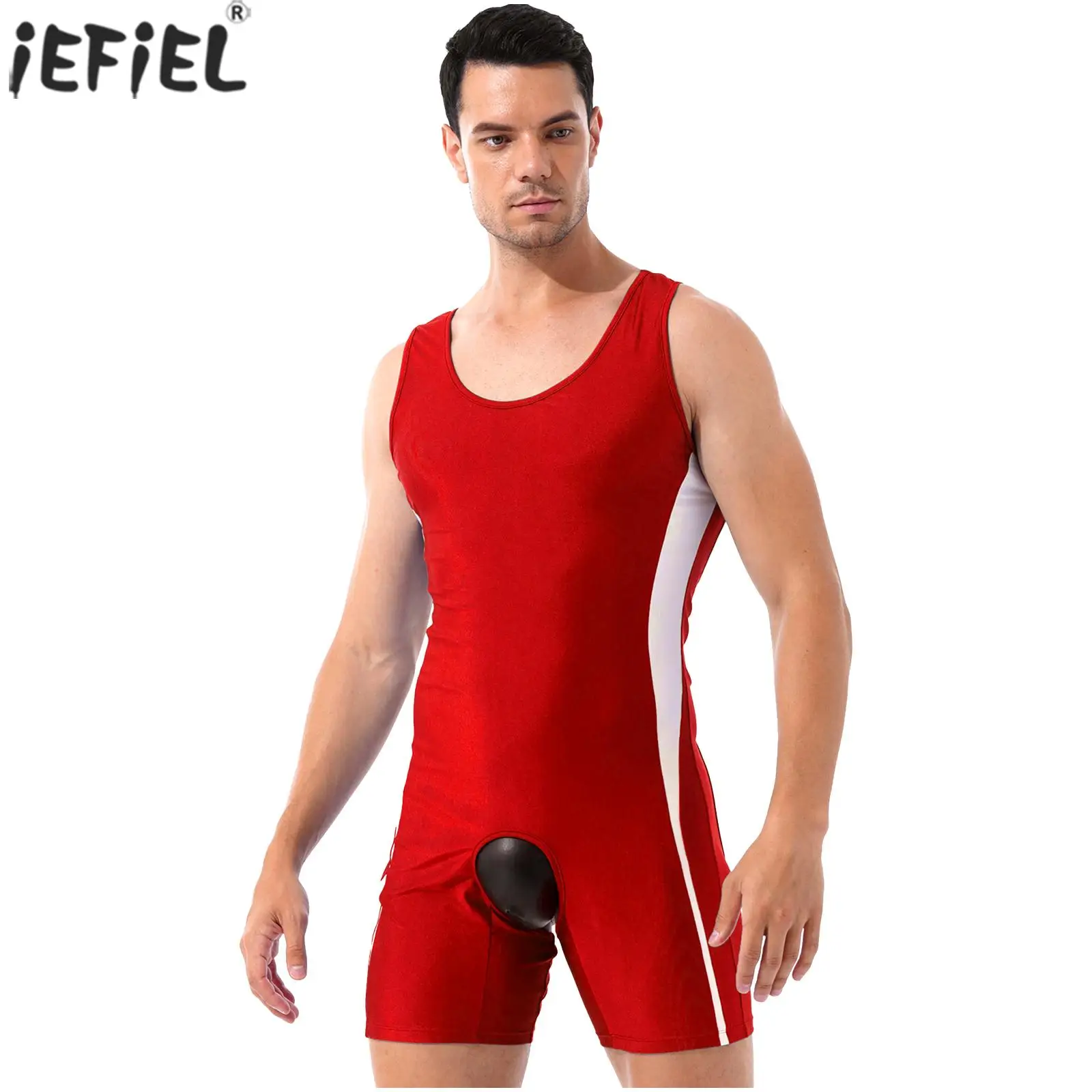 

Mens One-piece Open Crotchless Open Butt Swimsuit Jumpsuit Nightwear Color Block U Neck Sleeveless Bodysuit