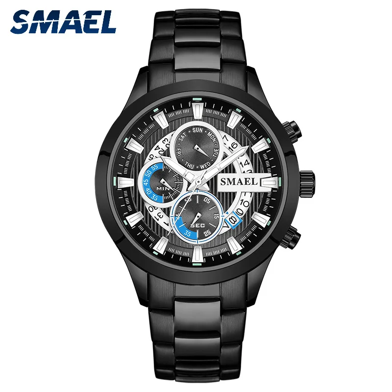 

SAMEL Fashion Men's Watches Waterproof Stainless Steel Strap Week Display Quartz Chronograph Round Adult Male Watch