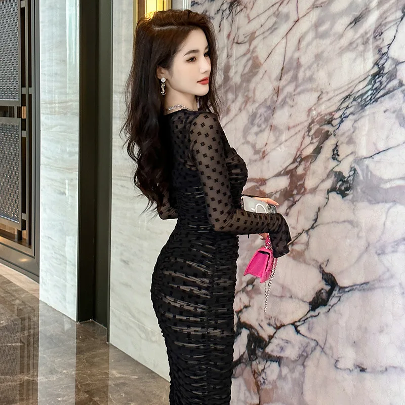 Осенне-зимняя новая одежда женское французское сексуальное платье с рюшами на