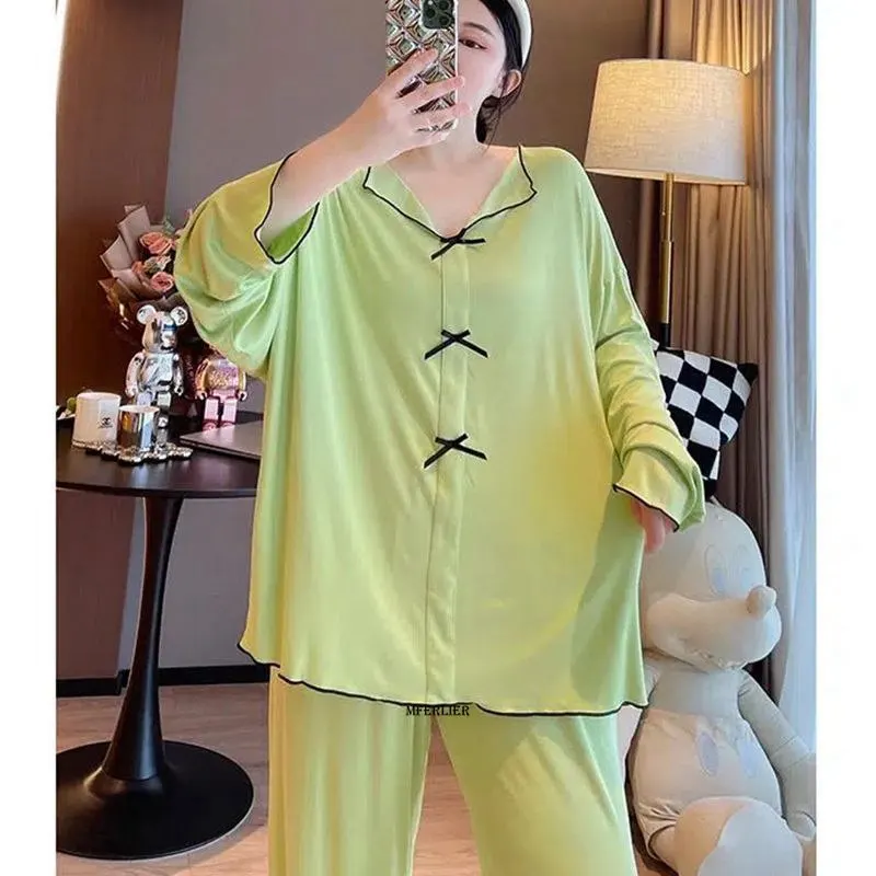 Large Size 6XL 150KG Autumn Women 2pcs Pajama Sets Pyjama Sleepwear Long Sleeve Large Size Full Sleepwear Clothess Sleep Tops 6