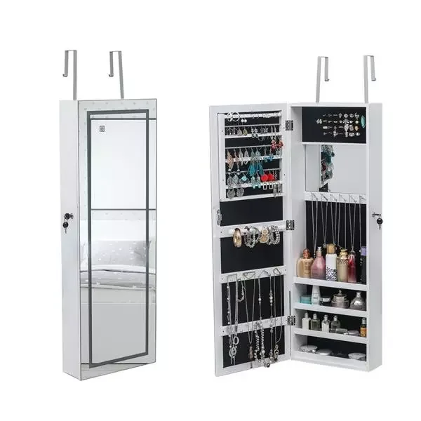 

White LED light jewelry storage mirror cabinet full-body mirror wall-mounted 4-layer rack with inner mirror 3 colors