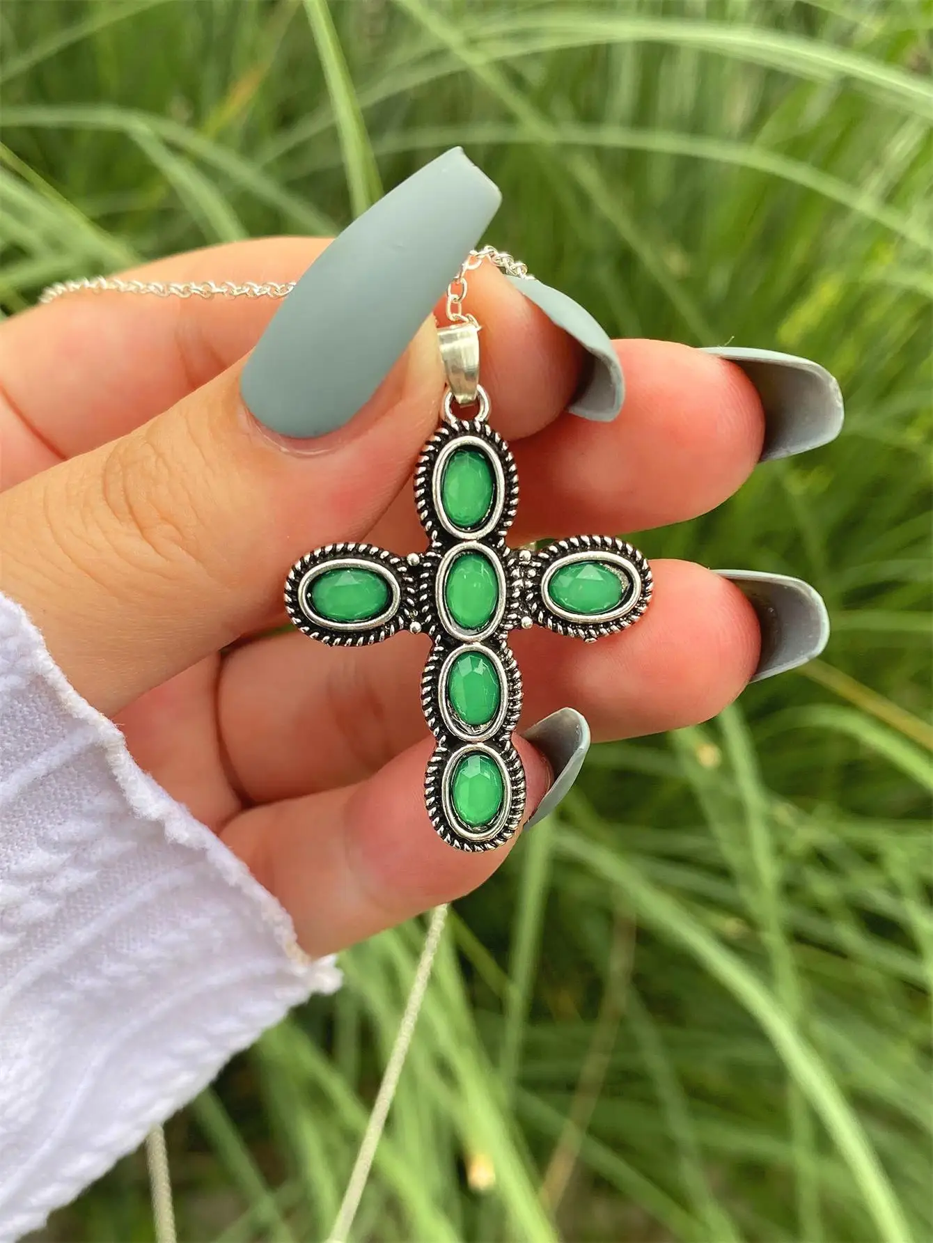 

ANGLANG Fashion Green Cross Necklace for Women Shiny Stylish Party Accessories Female Statement Neck Jewelry