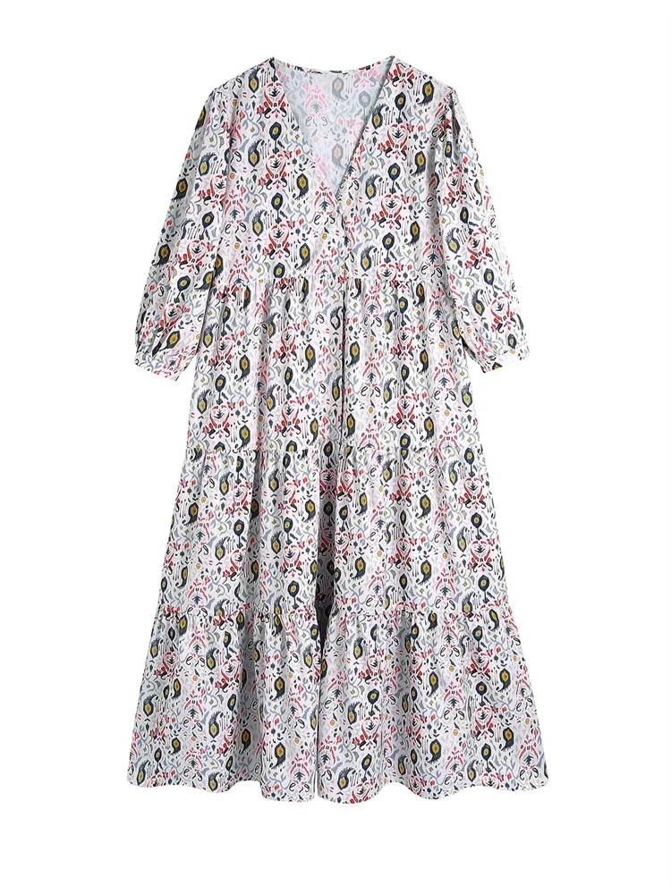 

2022 Summer Women Fashion With Print Loose Dress New Full Sleeves Patchwork V-Neck Pleated Vintage Female Vestidos Mujur