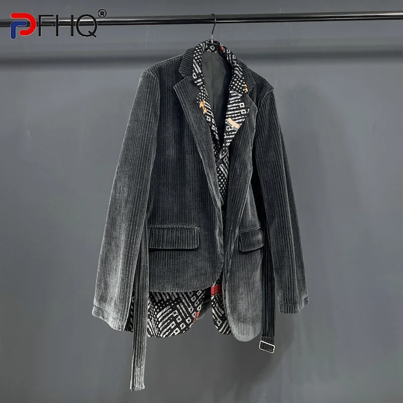 

PFHQ Asymmetric Hem Niche Design Blazer Fake Two Piece High Quality Corduroy Men's Suit Jackets 2023 Summer Elegant Coat Trendy