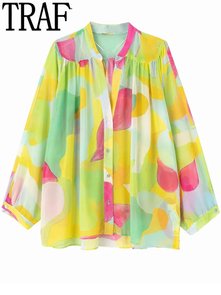 

TRAF Printed Women Shirt Ruched Semi Sheer Top Female Baggy Button Up Shirt Woman Streetwear Long Sleeve Summer Chiffon Blouse