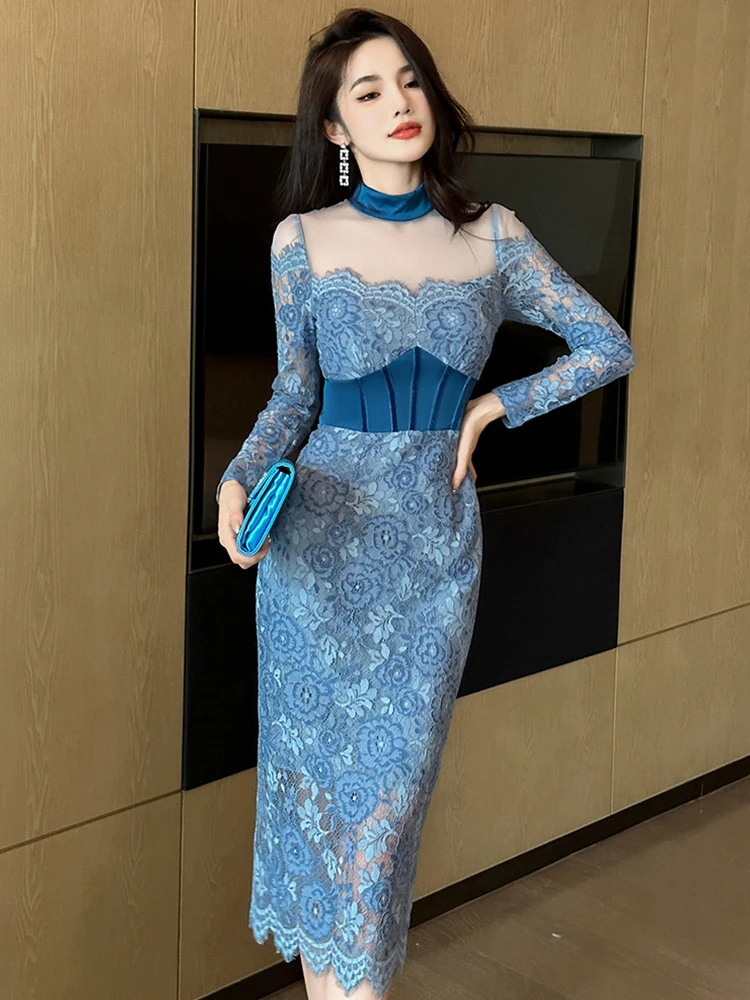 

Женское платье на выпускной во французском стиле, элегантное милое прозрачное Сетчатое синее облегающее платье с цветочным кружевом и крючком, банкетная одежда