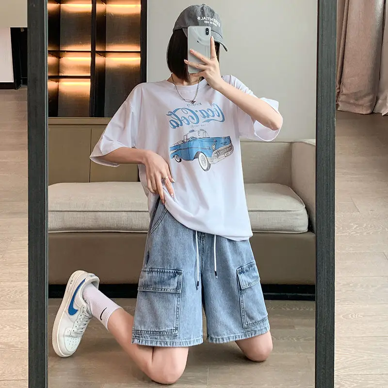 Women Baggy Cargo Wide Long Shorts Jeans High Waist Blue Bermuda Denim Shorts Female Jeans Oversize New Jean Shorts Y2K Womans
