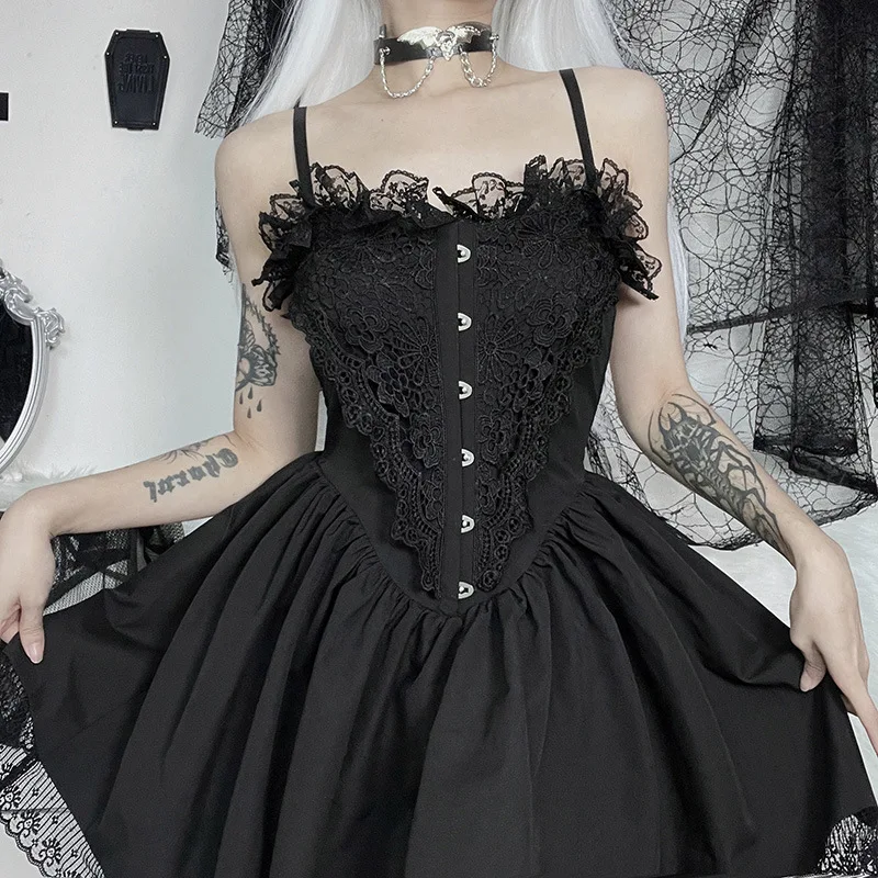 

Corset Black Dress Goth Aesthetic Lace Trim Punk Button A Line Slip Dress Elegant Vintage Grunge Print E Girl Party Wear
