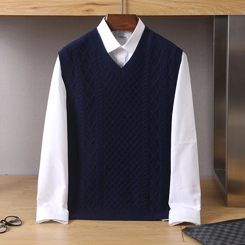 Мужская жилетка из 100% чистой шерсти пуловер без рукавов с V-образным вырезом