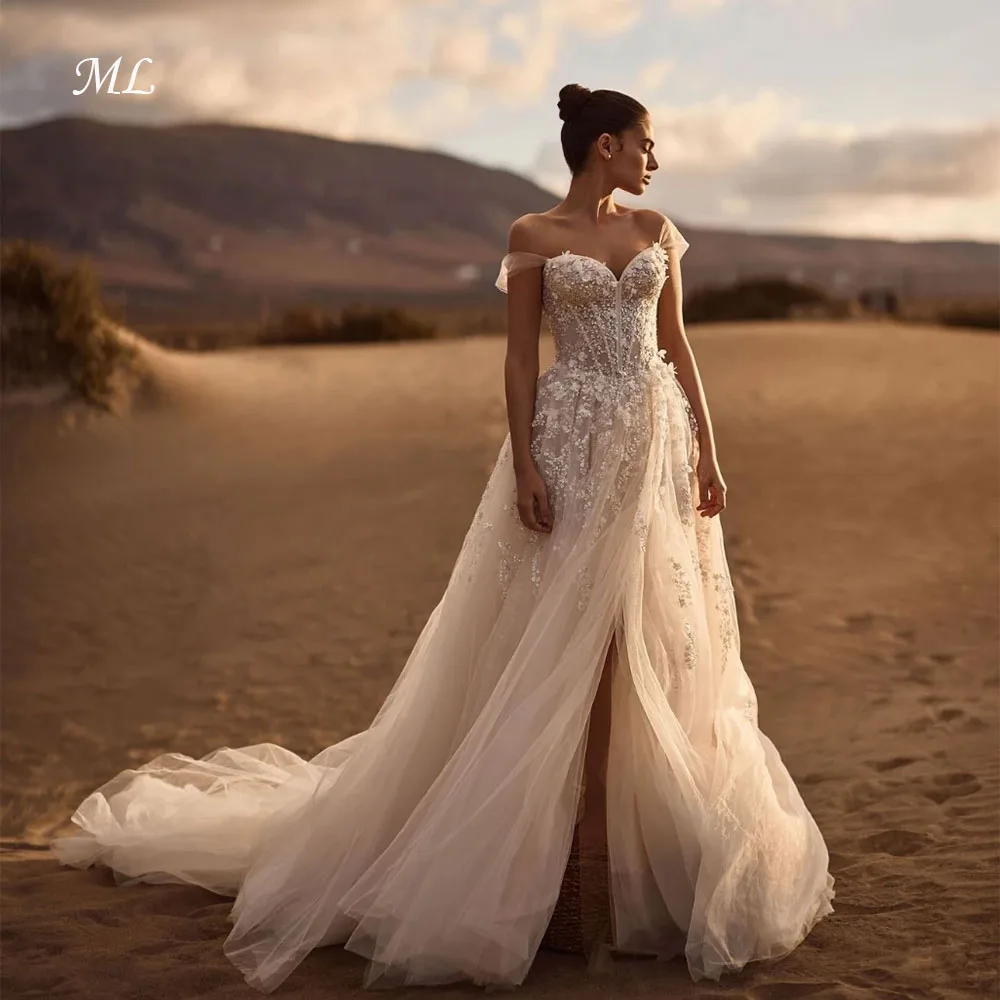 Фото Свадебное платье больших размеров ML Plus Size с пайетками, с открытыми плечами, прозрачное, ослепительное, длинное, для невесты, на заказ, с цветами, роскошное, мечтательное №1