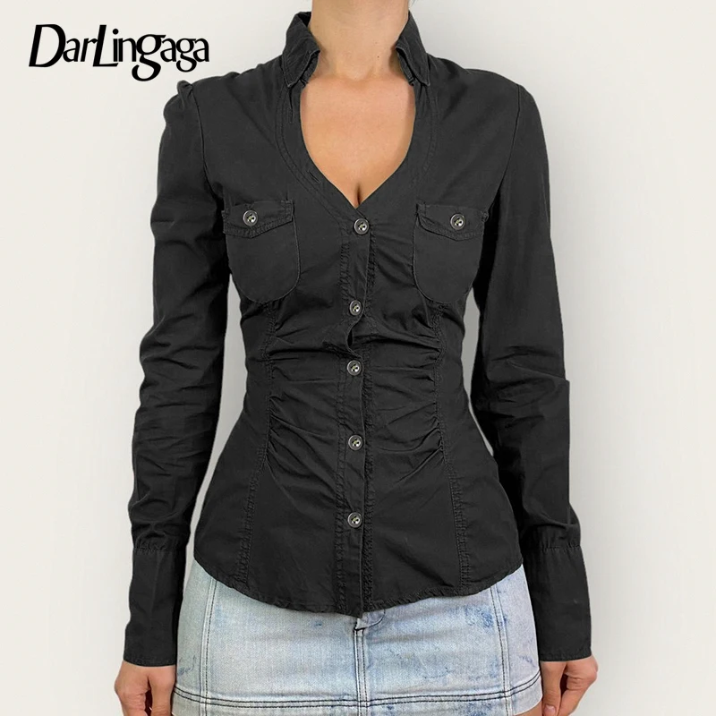 

Darlingaga Fashion Chic Fold Black Autumn Blouse Women Top Buttons Up Solid Basic Streetwear Shirt Cardigan Clothing Long Sleeve