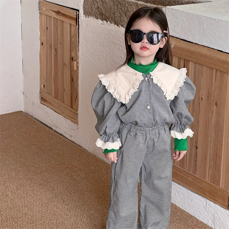 

Children Clothes 2022 Spring Autumn New Girls Sets Lace Plaid Coat Trousers Two Pieces Fashion Casual Toddler Girl Clothes Sets