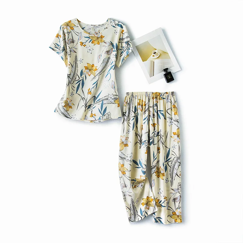 

Round Neck Elderly Clothes 2Pcs Pj Suit Shirt Pants Homewear Cotton Nightwear Home Clothes Short Sleeve Pajamas Sleep Set