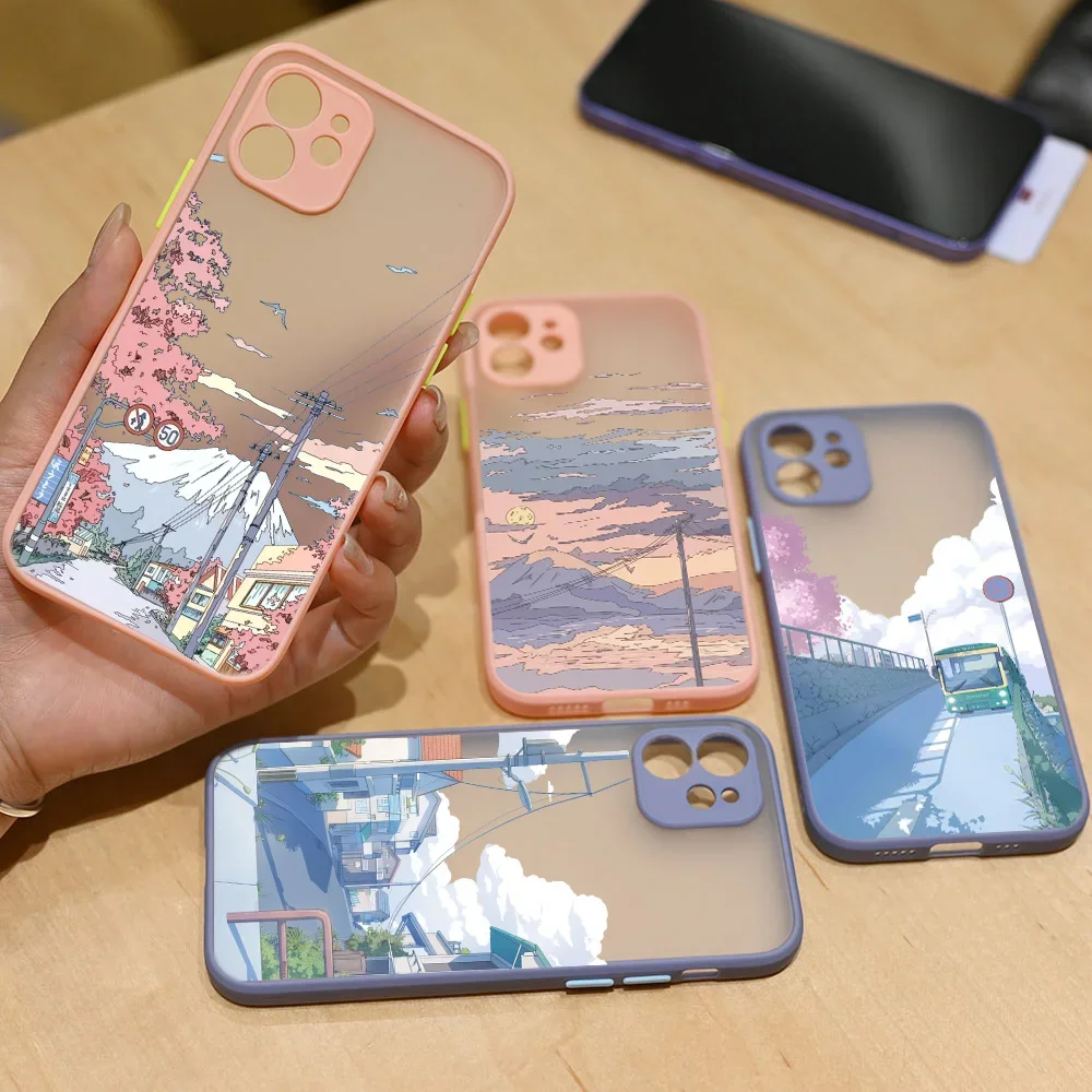 Чехол для телефона с мультяшным пейзажем iPhone 13 15 11 12 14 Pro XS Max 13Mini 7 8 Plus SE X XR матовые