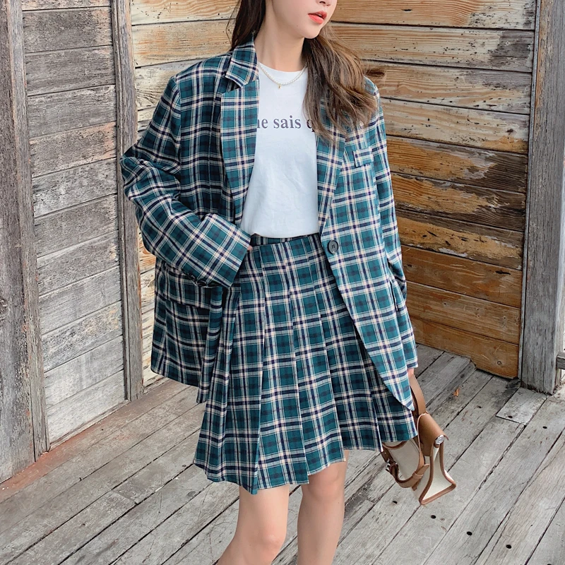 

Women Two-piece Set Loose Plaid Vintage Casual Office Lady Blazer Female + High Waist Mini A-line Skirt Suit