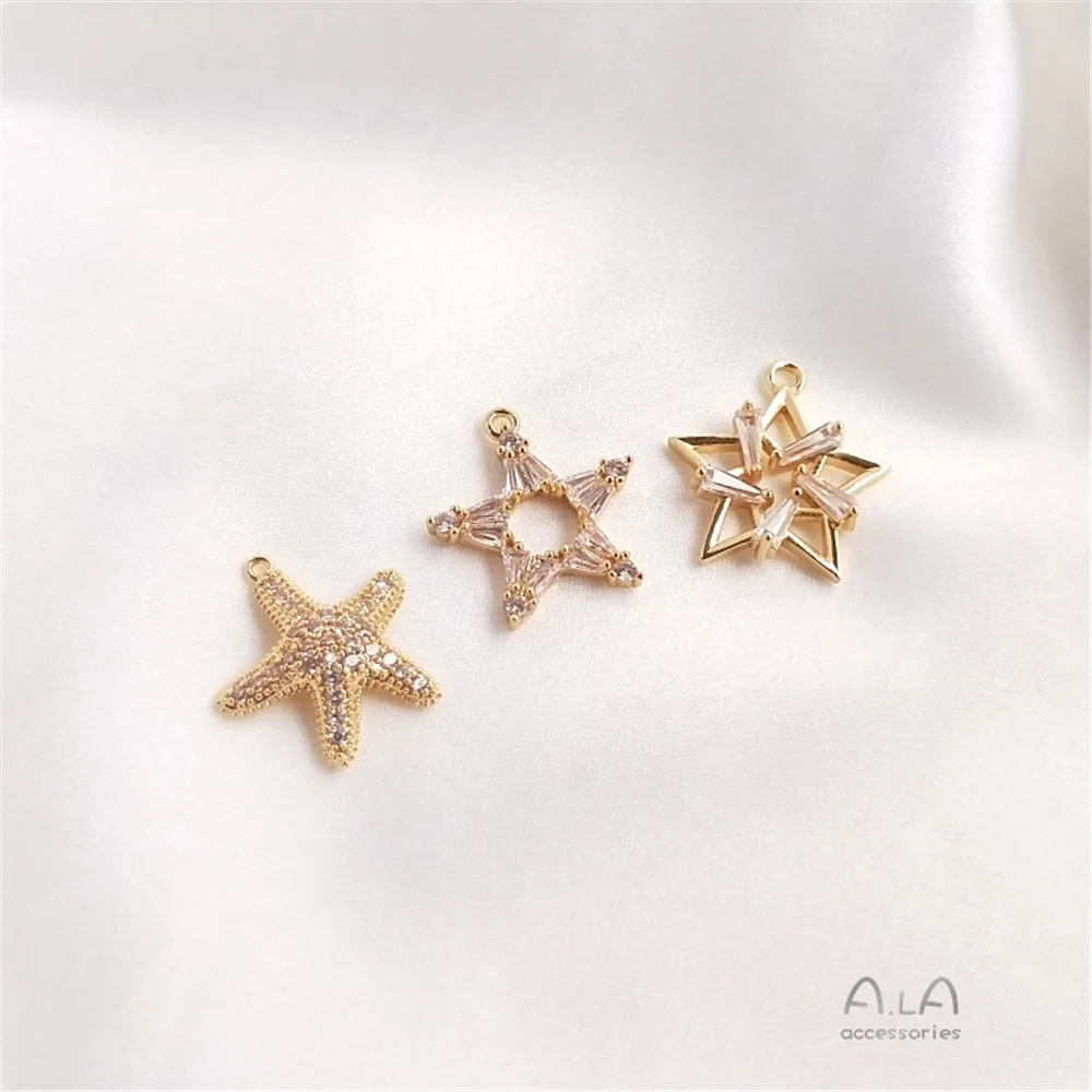 

14K Gold Filled Plated Inlaid zircon five-pointed star Six Star Starfish Pendant DIY necklace Clavicle chain earring pendant