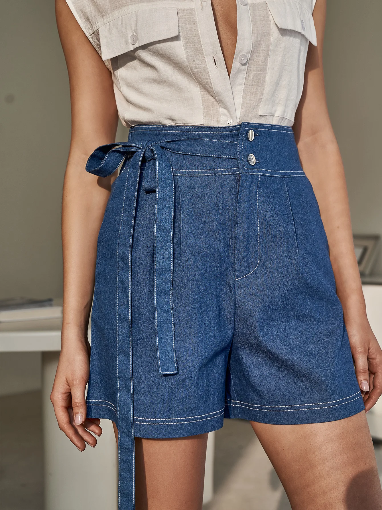 

NSMW MI wide-leg bull-puncher knicker Solid pocket casual short Elegant lace up high waist 2022 summer denim shorts women Loose