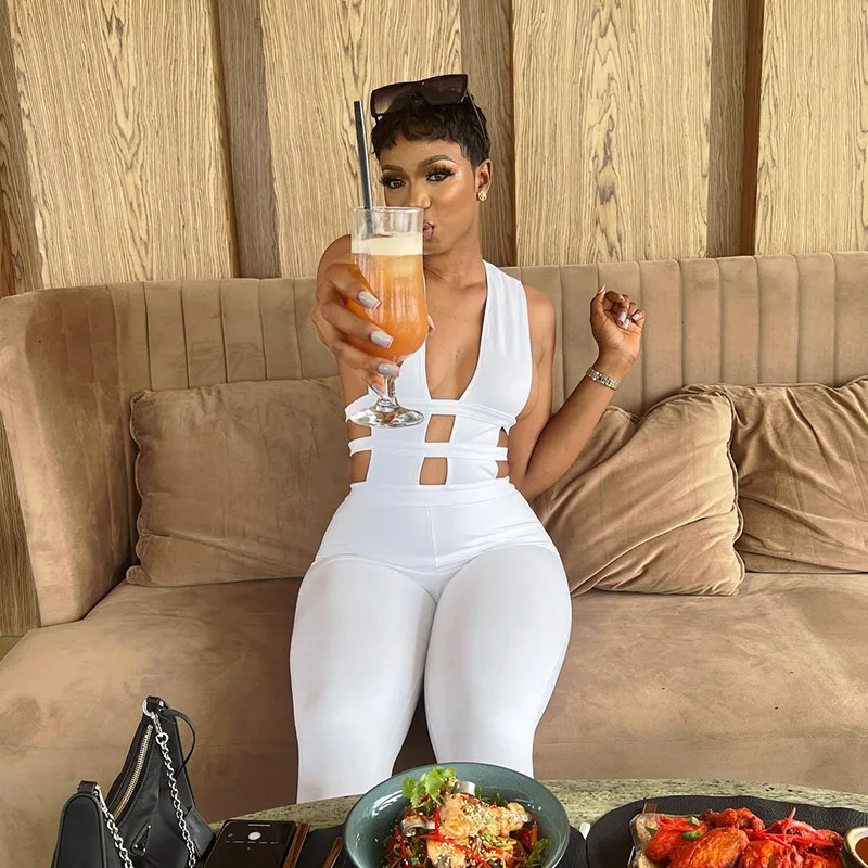 

Fashion Trousers Hollow Stitching High Waist Slim Bodycon Casual Jumpsuit Women Clothing 2022 Summer Party Club Wear Wholesale