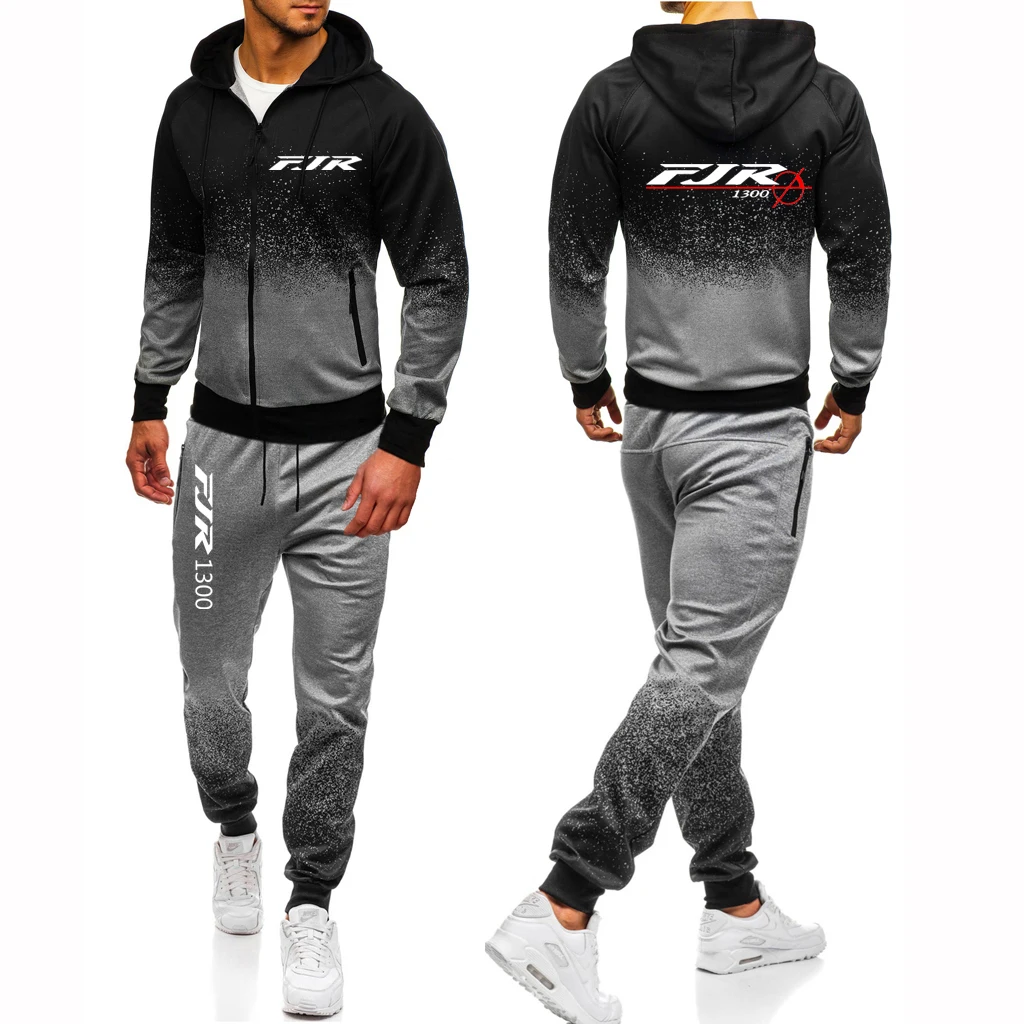 

2023 Men's Spring Autumn New FJR 1300 MOTORCYCLE Logo Print Cardigan Zip Hooded Jacket Sweatshirts+Sweatpants Gradient Color Set