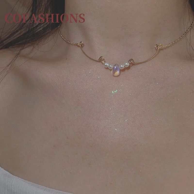 

Charm Water Drop Colorful Crystal Pendant Necklace for Women Boho Pearl Necklaces Female Clavicle Collar Ladies Party Jewelry
