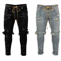 2022 new mens jeans spring and autumn explosion style hole painting flower mid waist elastic ordinary lace small straight pants
