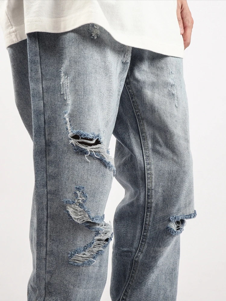Men's Loose Jeans Straight Leg Pants with Ripped Holes and Washed Vintage Streetwear Korean Style Casual Clothes Denim Trousers