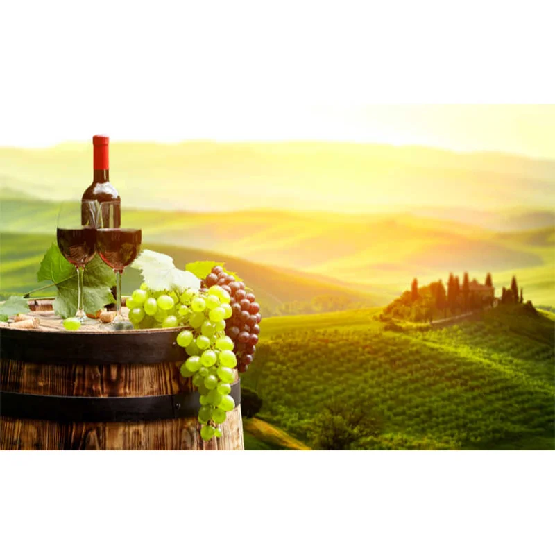 Red Wine Bottle Glass on Wodden Barrel with Vineyards in Green Beautiful Tuscany France Italy Background Birthday Party Backdrop
