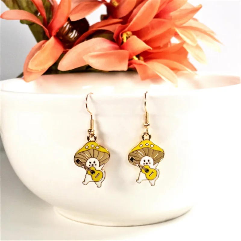 

Musician Mushroom Cute Fun Earring Woodland Trendy Jewelry & Accessories for Women Fairy Toadstool Gold Enameled Earring Cottage