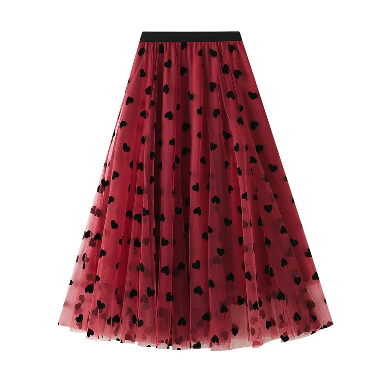 Vintage High Waist Love Heart Print Tulle Skirt A-line Mesh Tutu Skirts Womens 2022 Spring Summer Pleated Skirt