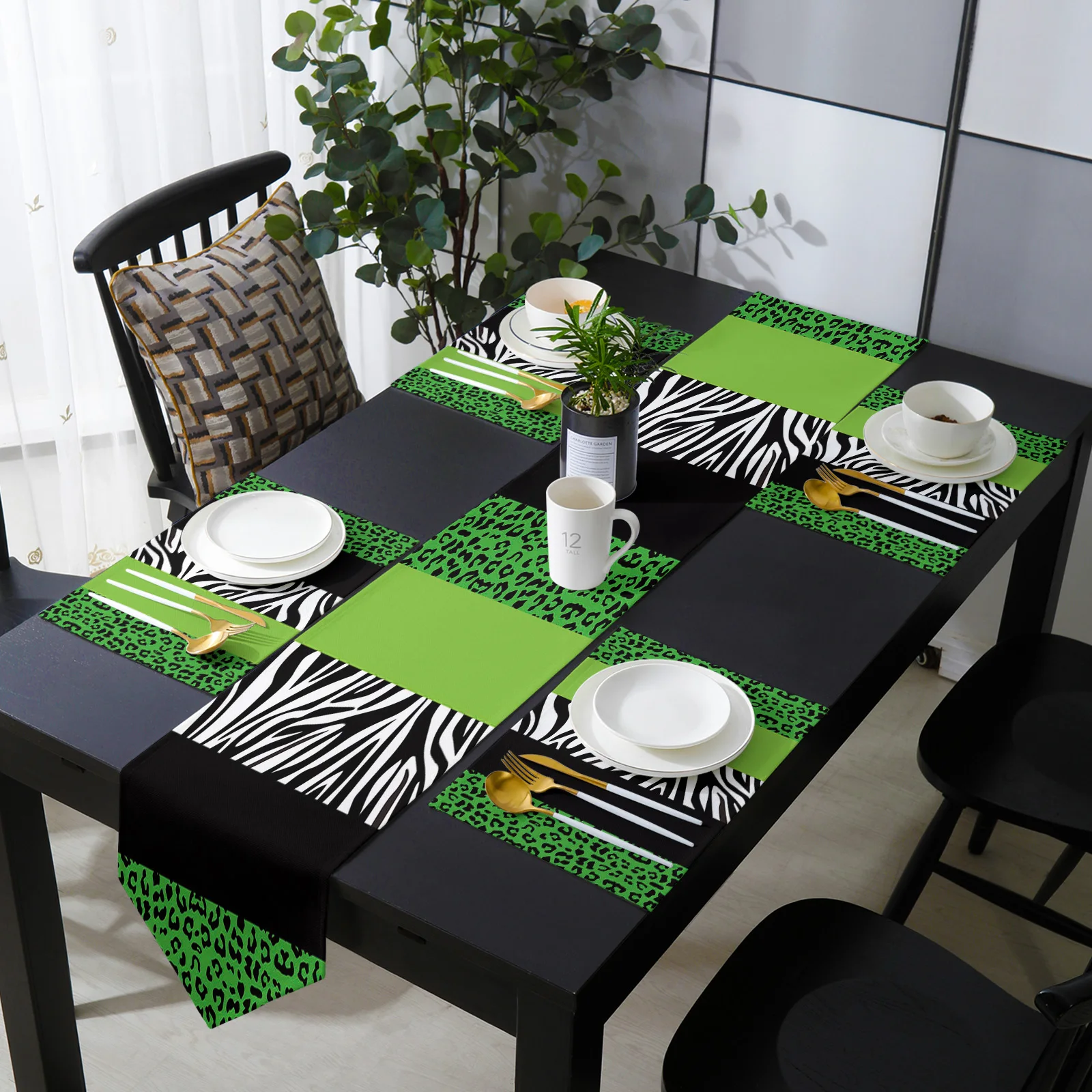 

Stripes Green Black Leopard Zebra Print Table Runner Table Mats Cover For Home Wedding Banquet Festival Party Hotel Decoration