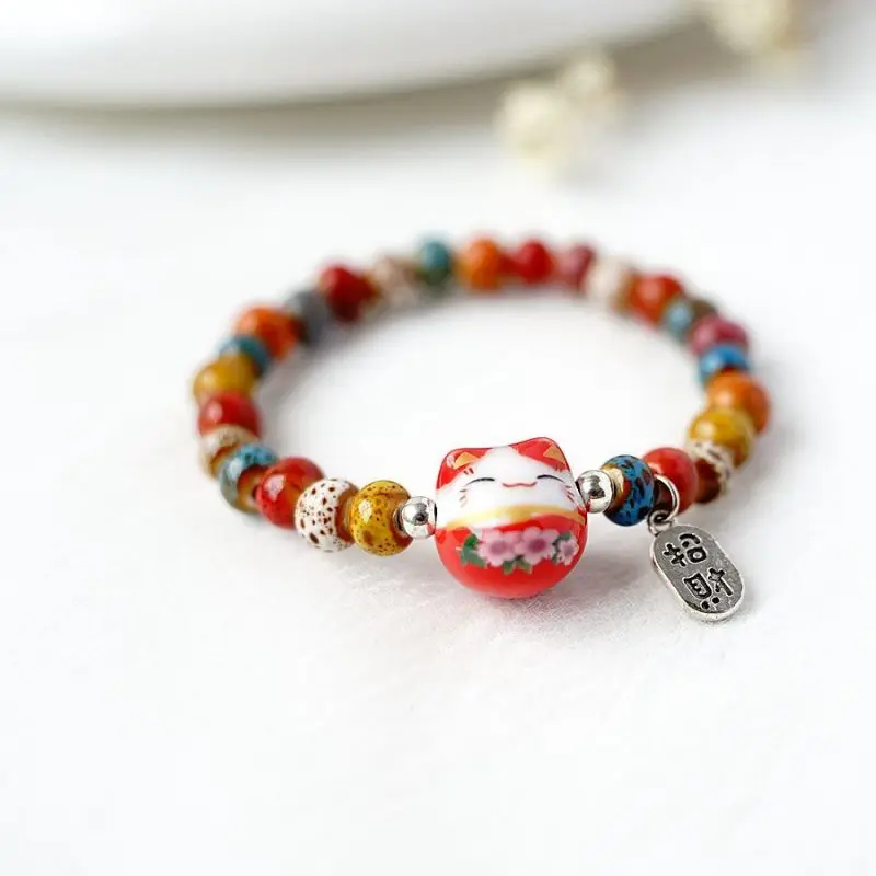 

Cute Lucky Cat Bracelet For Girls Adjustable Colorful Beaded Bracelets Ceramics Cat Pendant Charm Bracelets Jewelry Wholesale