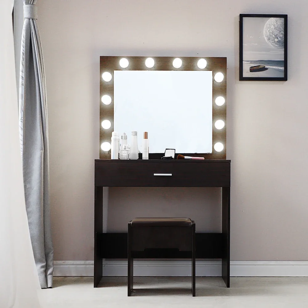 

Vanity Set With Lighted Mirror Cushioned Stool Dressing Table Makeup Table