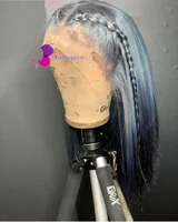 Hair Replacement Wigs Ombre Ash Grey Dark Blue Silk Straight Human Hair Lace Front Wigs Glueless Human Hair Wigs For Black Women