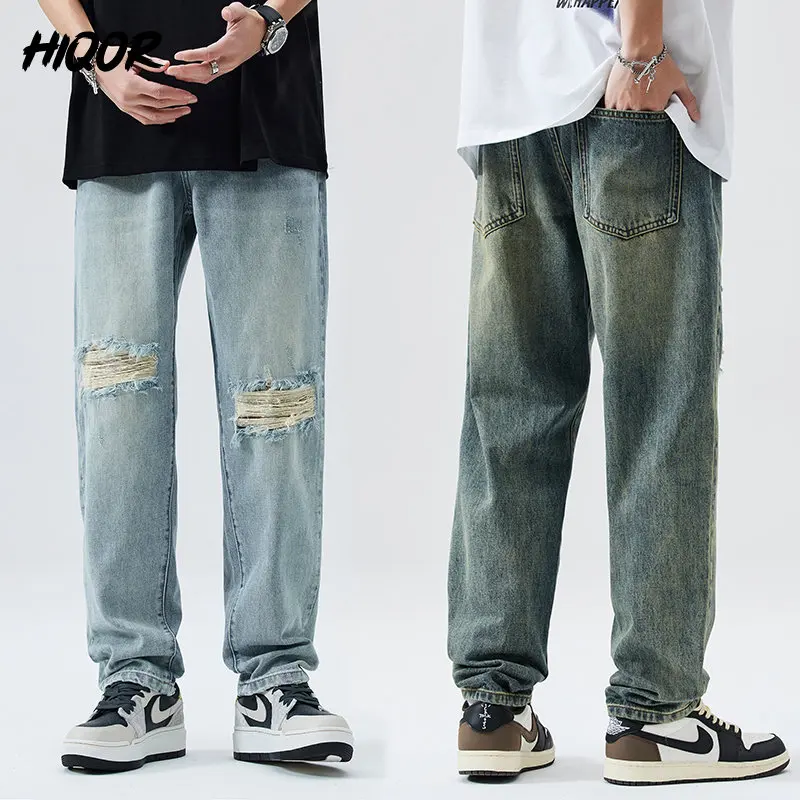 

Повседневные модные мужские джинсы HIQOR, зауженные свободные прямые широкие брюки, рваные дизайнерские простые удобные мужские джинсы, новинка 2023 года, Y2K Hombre