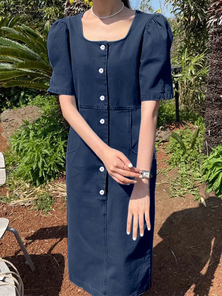 

Casual Denim Midi Dress ZANZEA Women Elegant Square Neck Button Vestidos 2023 Summer Short Sleeve Robes Holiday Leisure Sundress