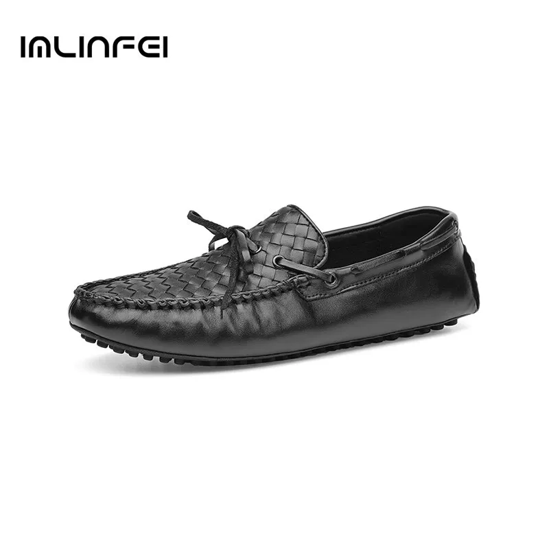 

IMLINFEI New Men's Casual Bean Toe Cap Layer Cow Leather Slip-on Feet Cover Breathable Solid Lazy People