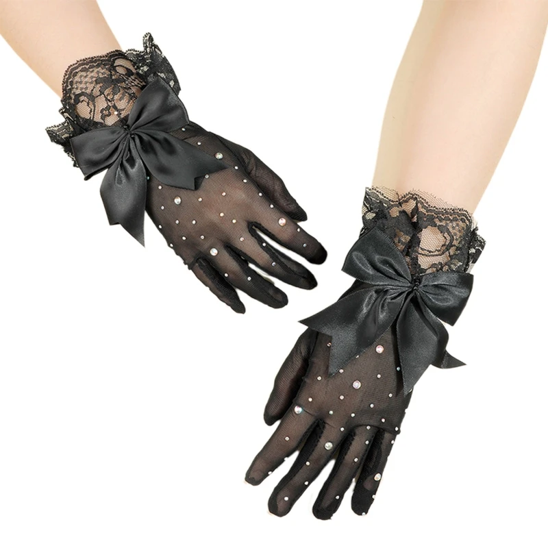 

MXMB Elastic Mesh Gloves with Rhinestone Bowknot Decor Hollow Out Punk Women Gloves