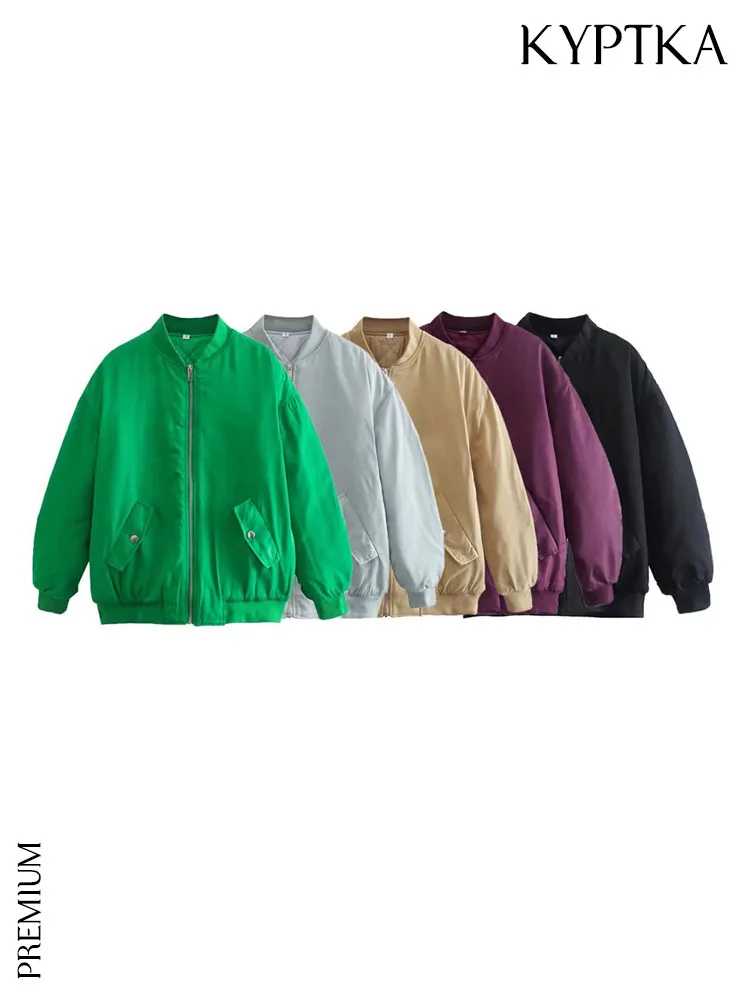 

KYPTKA Women Fashion Loose Padded Bomber Jacket Coat Vintage Long Pleated Sleeves Front Zipper Female Outerwear Chic Tops