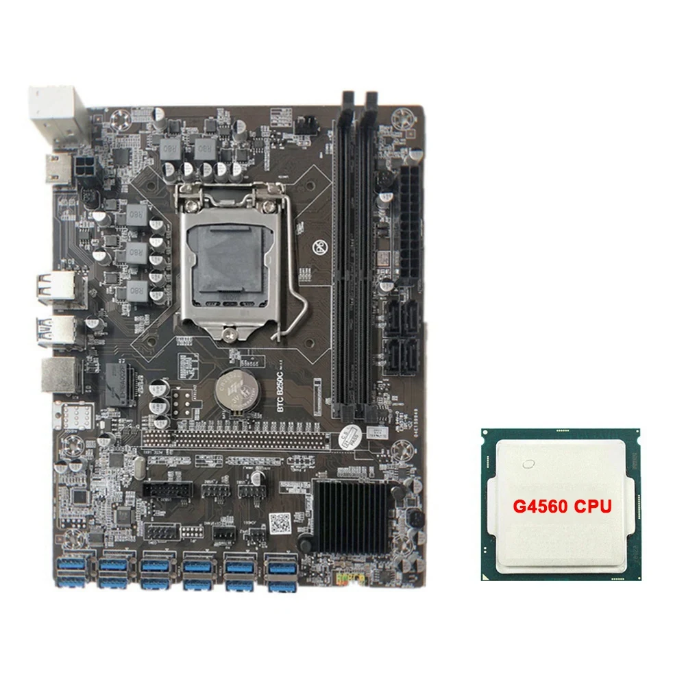 

B250C BTC Mining Motherboard with G4560 CPU LGA1151 12XPCIE to USB3.0 Graphics Card Slot Supports DDR4 DIMM RAM for BTC