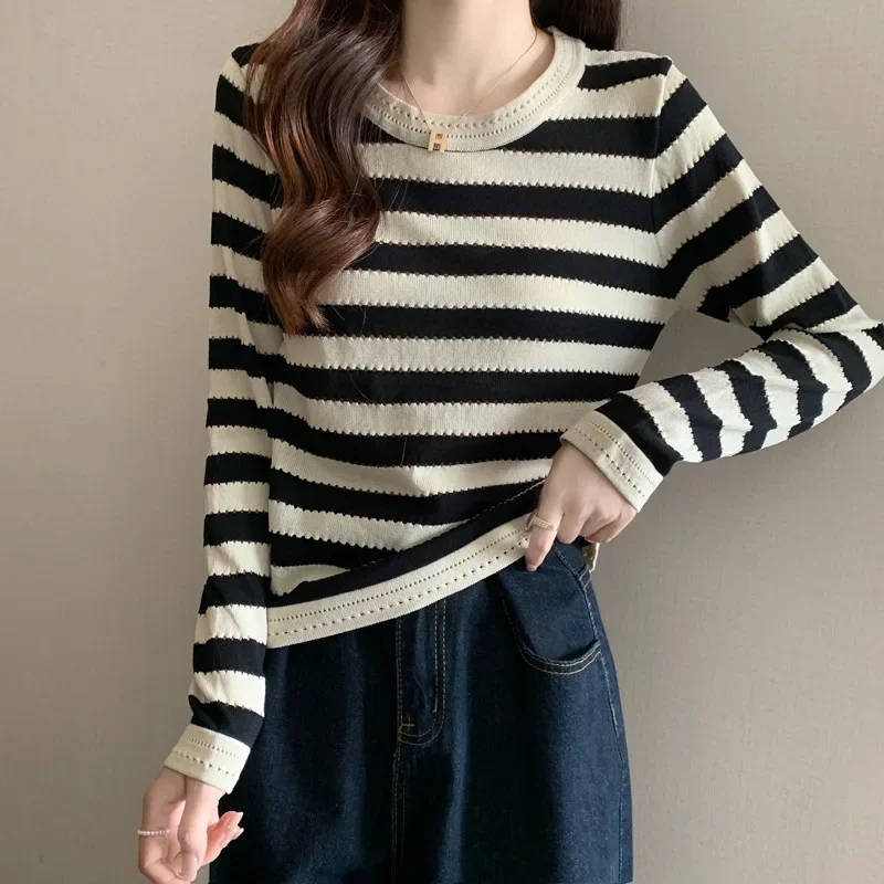 Женская Винтажная футболка в полоску ТРИКОТАЖНЫЙ УКОРОЧЕННЫЙ ТОП с длинным