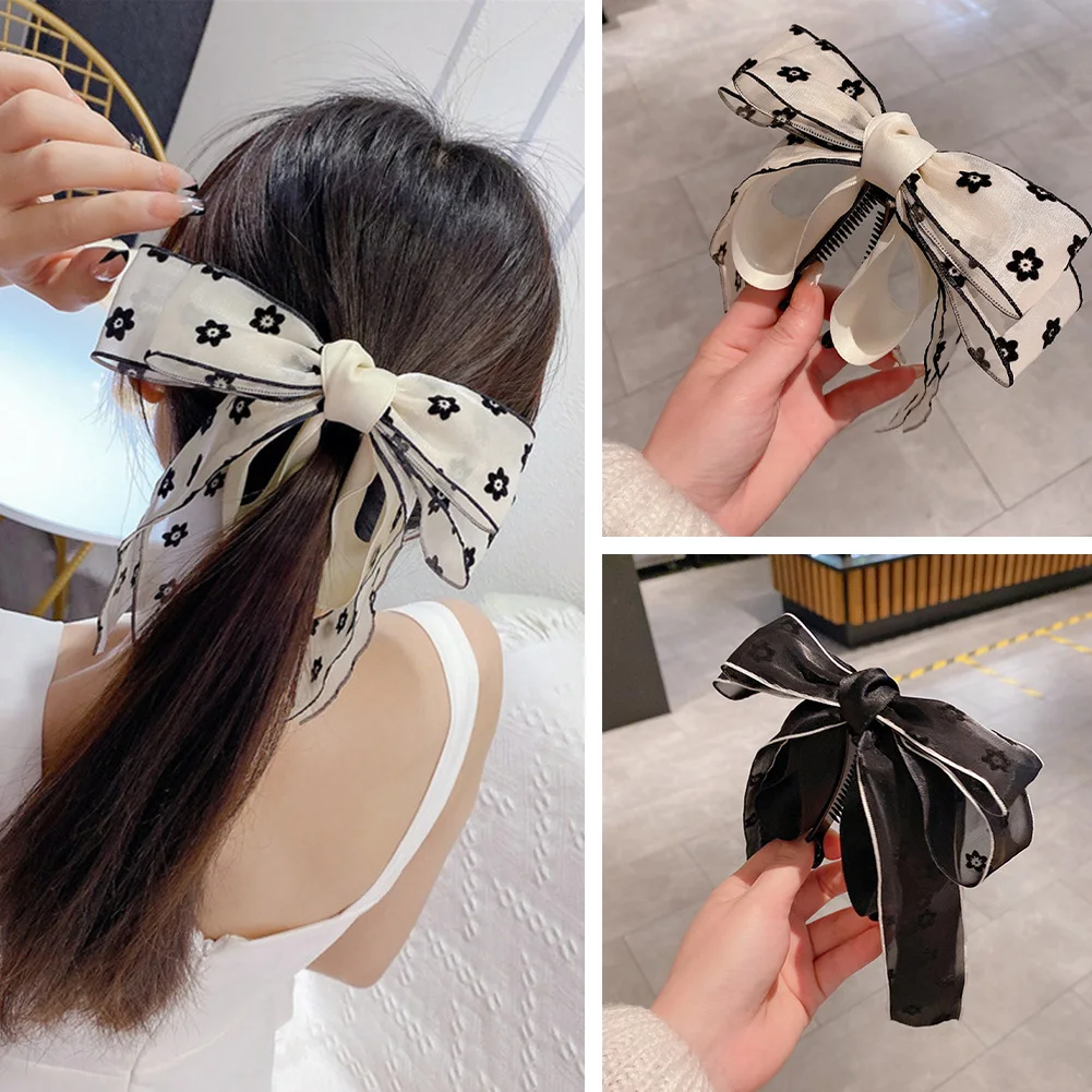 

1Pcs Korea Ribbon Bow Banana Clip Vertical Card Ponytail Clip Vertical Clip Summer Sweet Hair Accessories 2022 Hair Claw